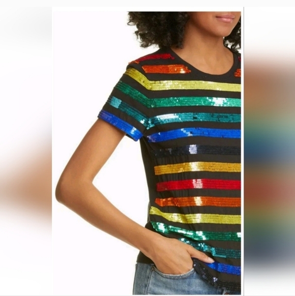 Alice + Olivia Rylyn Sequin Rainbow Stripe Tee size XS - Picture 6 of 12